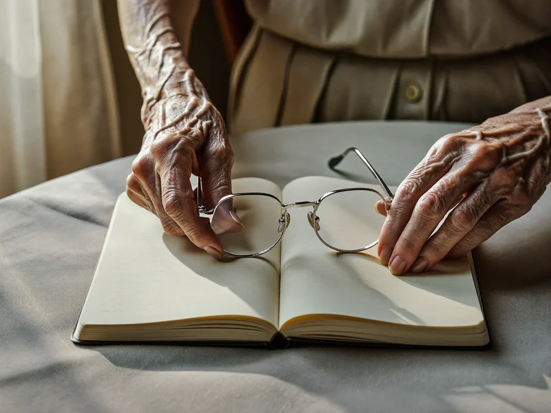 Mani anziane tengono gli occhiali da lettura sopra un quaderno vuoto, su una tovaglia di lino.