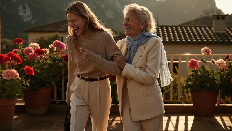 Una figlia e la madre anziana ridono insieme su un balcone fiorito al tramonto.